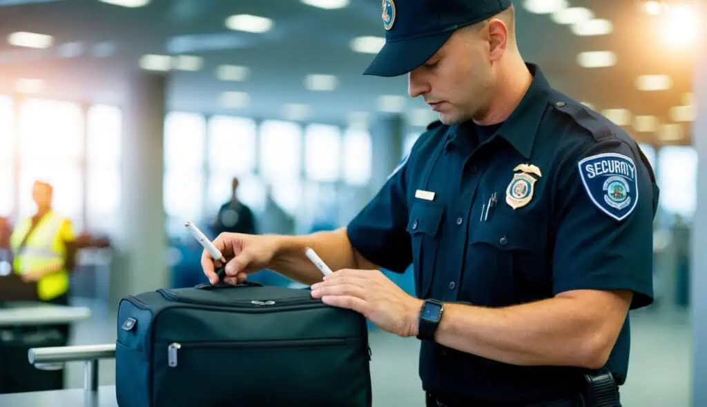 An airport security officer inspecting a carry-on bag, finding e-cigarettes and considering their safety implications