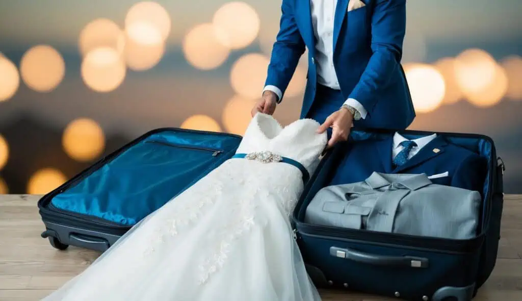 A traveler carefully packs a wedding gown, suit, and accessories into a carry-on bag for a flight