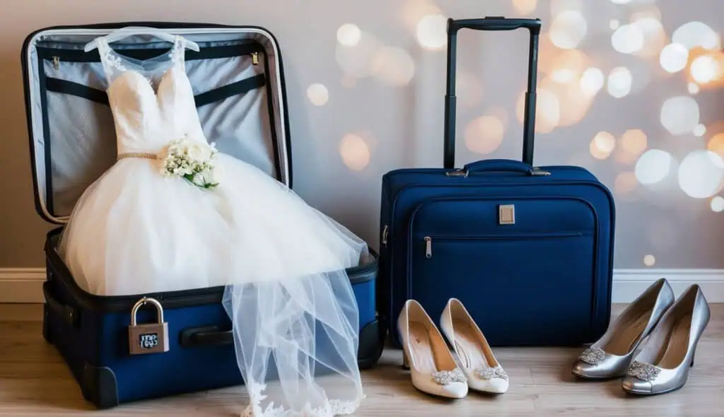 A bride's wedding dress, veil, and accessories neatly packed in a suitcase with a TSA-approved lock, sitting next to a carry-on bag and a pair of dress shoes