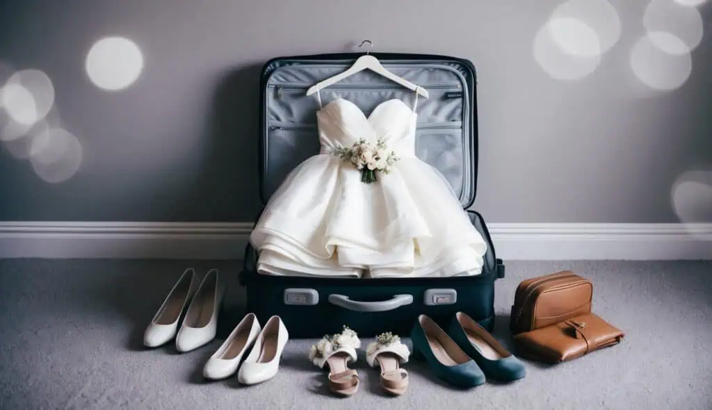 A neatly folded wedding dress and accessories arranged in a carry-on suitcase, surrounded by neatly packed shoes and toiletries