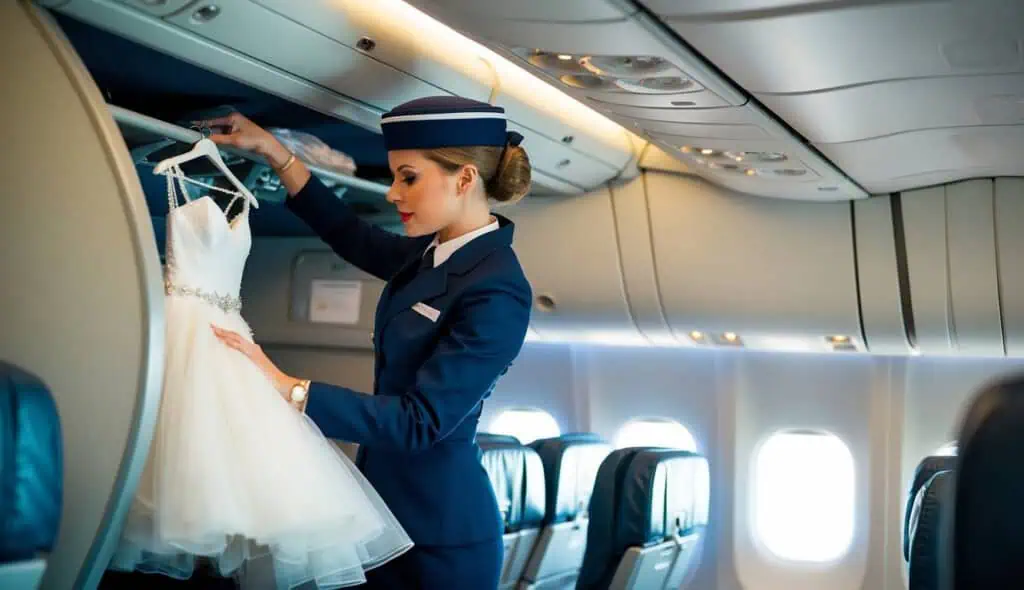 A flight attendant carefully stows delicate wedding gowns and accessories in the overhead compartment of a plane