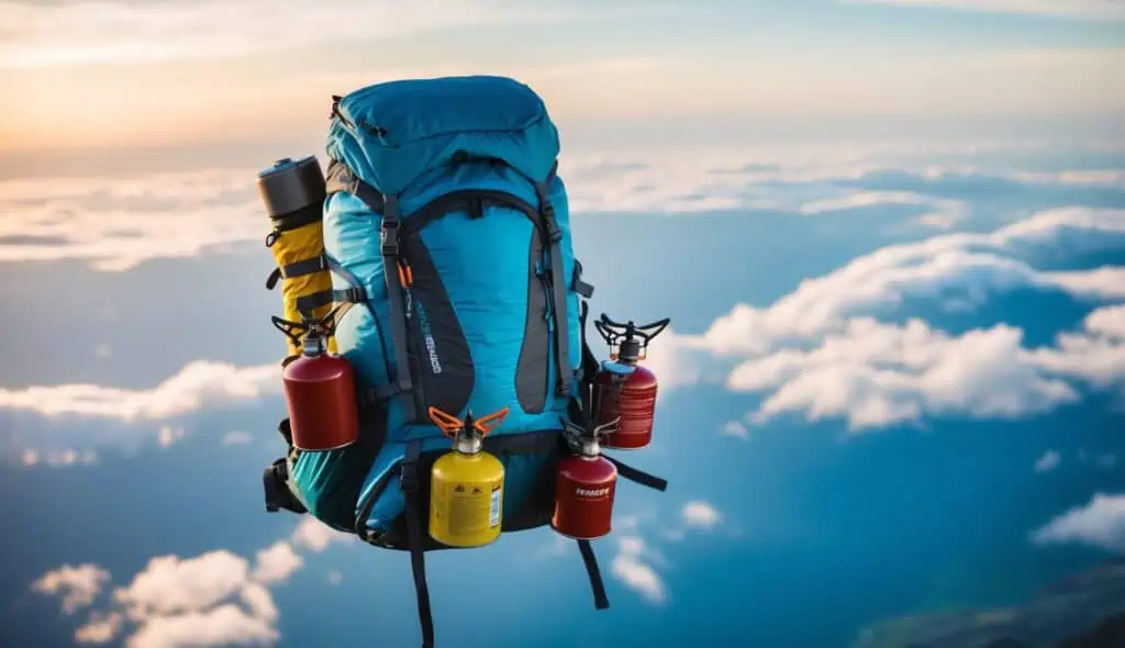 A backpack filled with camping gear, including stoves and fuel canisters, soaring through the sky