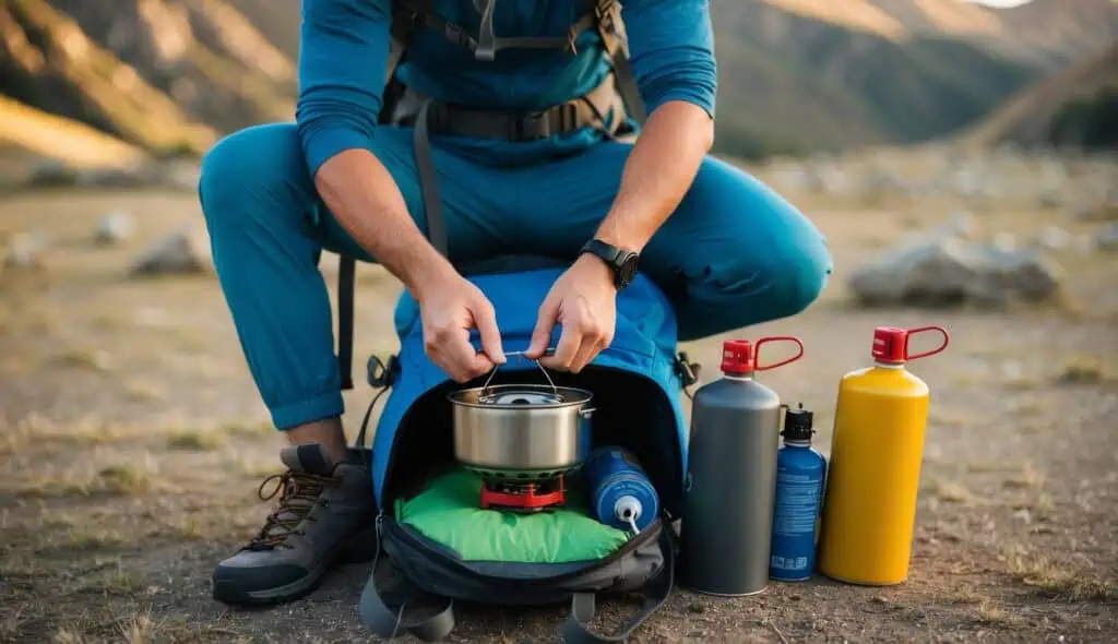 A person packing camping gear into a backpack, including a stove and fuel canisters, in preparation for a flight