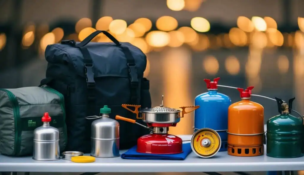 A camping stove, fuel canisters, and other gear arranged on a table, ready to be packed for a flight