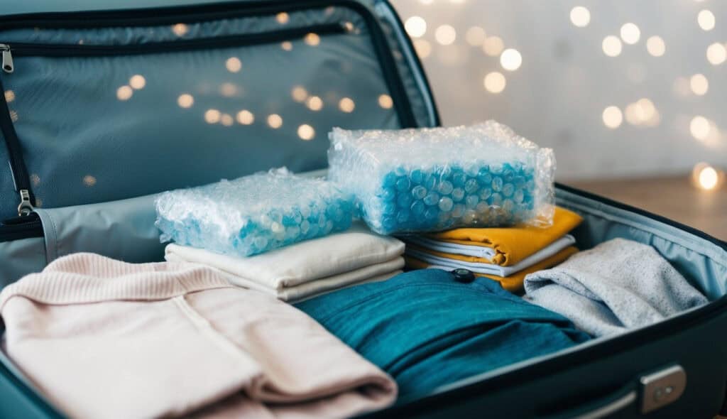 How to Pack Fragile Souvenirs in Your Carry On Bag 1 Fragile souvenirs wrapped in bubble wrap and nestled among soft clothing inside a carry-on bag
