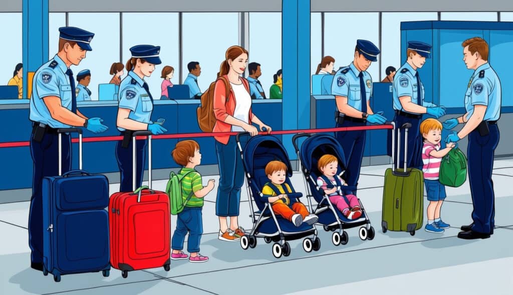 Spring Break Travel: How to Navigate Airport Security with Kids and Families 1 A family with young children waits in line at airport security, surrounded by luggage and strollers. The TSA agents check bags and scan passengers as the family navigates the process