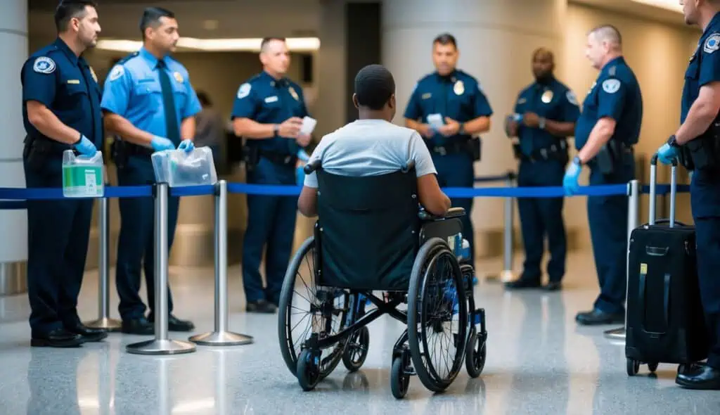 A person in a wheelchair waits in line at airport security, surrounded by TSA agents and other travelers. They hold a medical device and a clear plastic bag of liquids