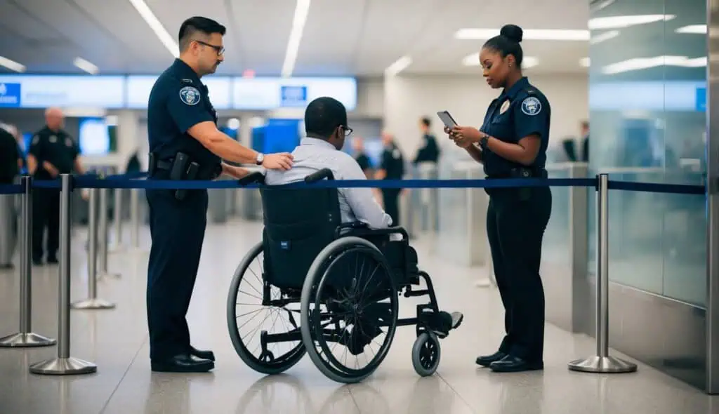 A person in a wheelchair waits in line at airport security, while a TSA agent assists them with understanding their rights and navigating the process