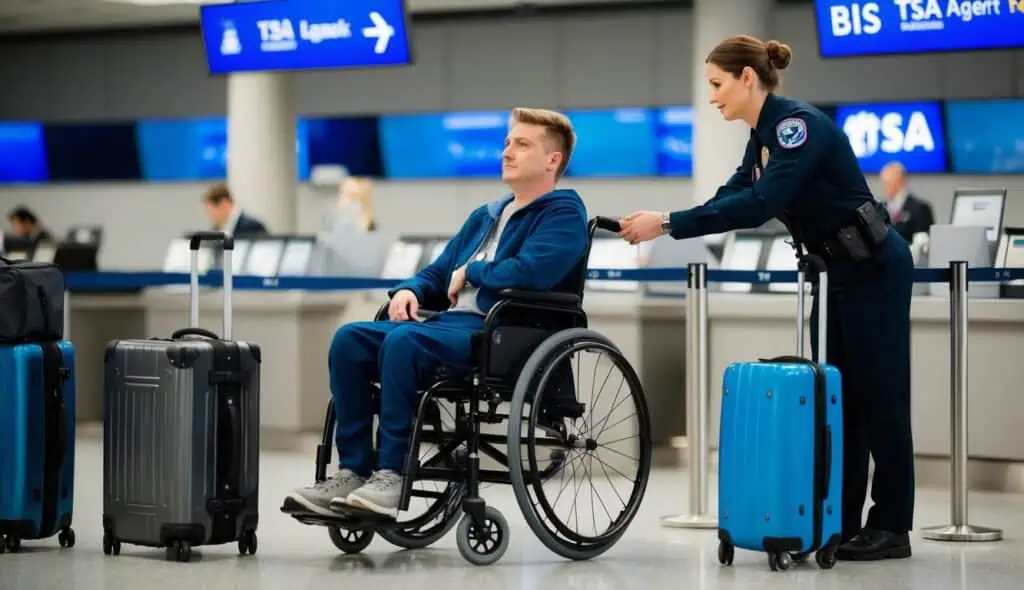 A person in a wheelchair waits at a check-in counter, surrounded by luggage. A TSA agent assists them through a security checkpoint