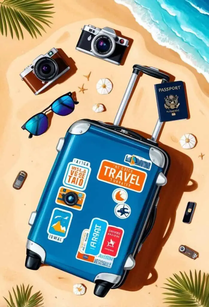 A suitcase with travel stickers lies open on a beach, surrounded by scattered items like a camera, passport, and sunglasses