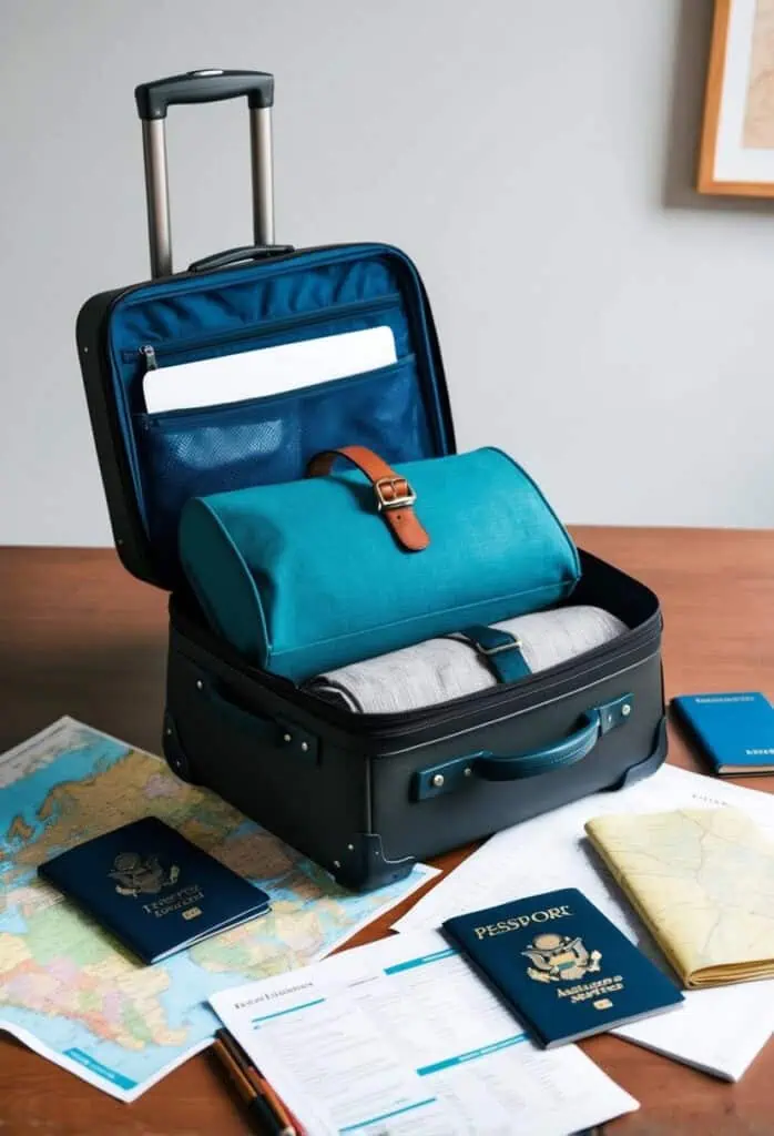 A suitcase filled with travel essentials, surrounded by a map, passport, and insurance documents on a table