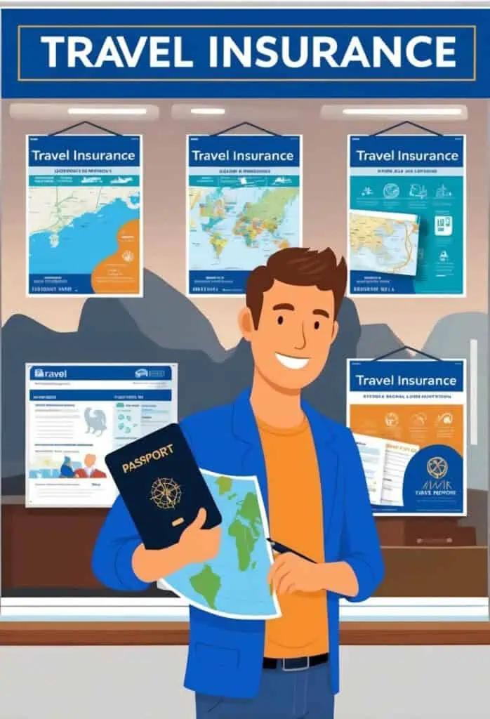 A person holding a passport and a map, standing in front of a travel agency window with various travel insurance posters displayed