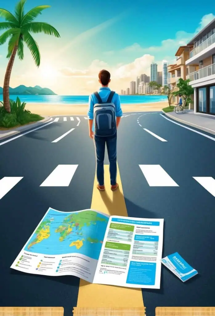 A traveler stands at a crossroads, one path leading to a serene beach and the other to a bustling city. A map and travel insurance brochure lay on the ground, hinting at the decision ahead