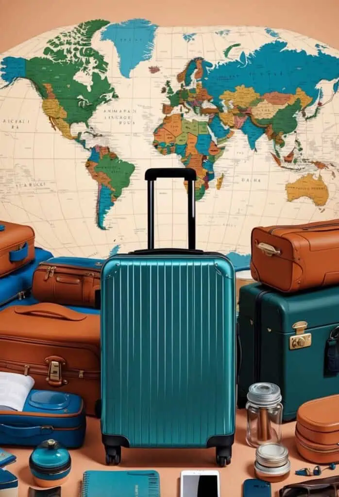 A suitcase surrounded by various travel items, with a world map in the background