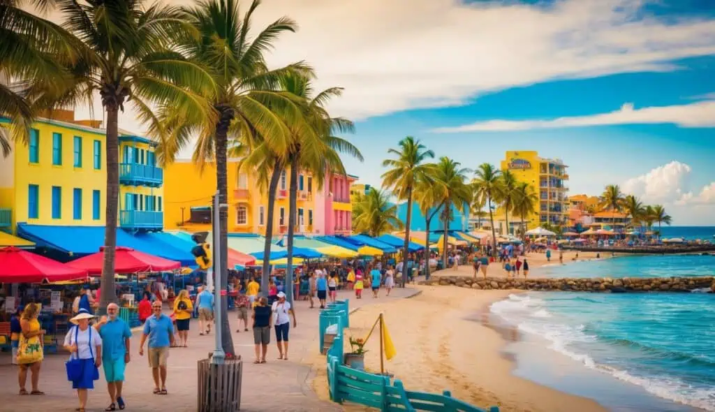 A vibrant beach town with palm trees, colorful buildings, and a bustling market. The ocean sparkles in the background, while tourists explore the lively streets