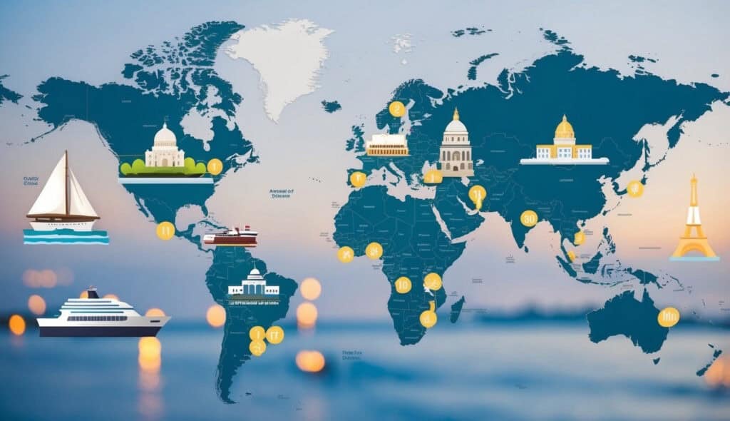11 Most Popular Overseas Destinations for Americans 1 A map of the world with 11 highlighted destinations and iconic landmarks representing popular overseas destinations for Americans