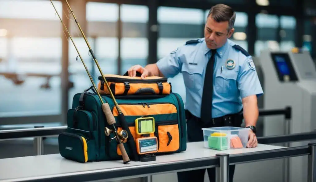 A fishing rod, tackle box, and bait container neatly packed in a carry-on bag, alongside a TSA agent inspecting the items at an airport security checkpoint