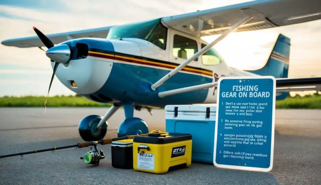 A fishing rod, tackle box, and cooler are placed next to a small airplane. A sign nearby lists guidelines for bringing fishing gear on board