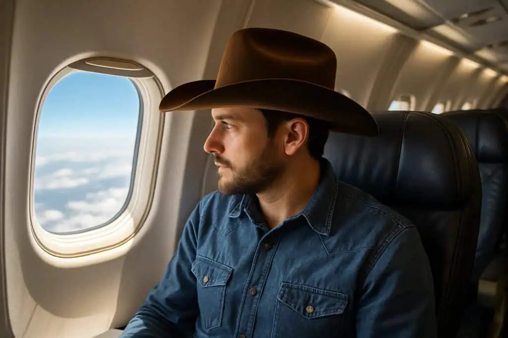 A man sitting on a plane wearing a stetson looking out of the window