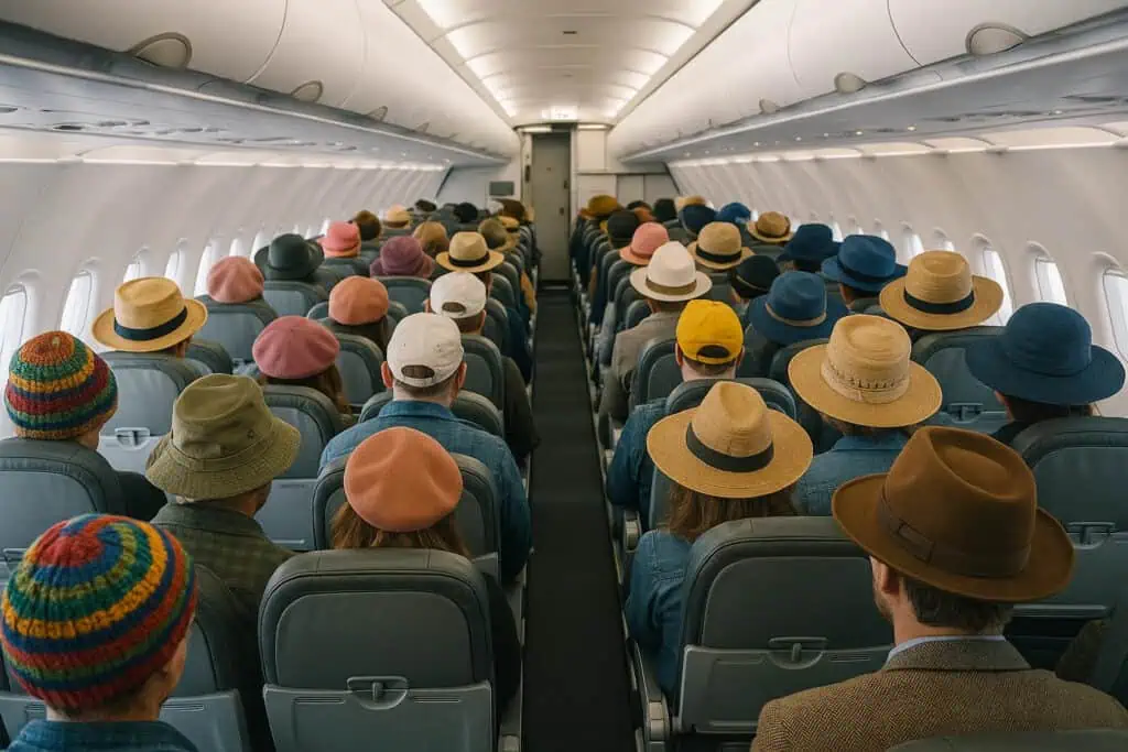 looking down the aisle of a full airliner with every passenger wearing a different kind of hat