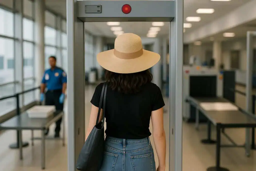 A woman wearing a large hat walking through the metal detector at airport security