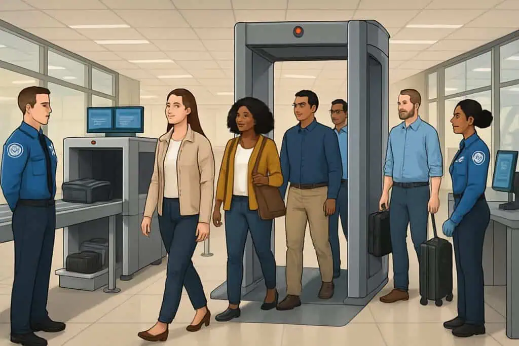 Passengers walking through an airport security checkpoint without removing their shoes while security officers monitor the process.