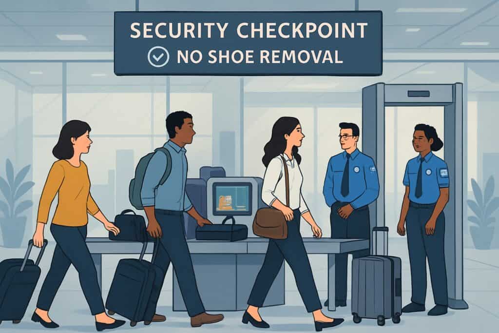 TSA’s New Rule: Keep Your Shoes On During Airport Screening 1 Passengers passing through an airport security checkpoint without removing their shoes while security officers monitor the screening process.