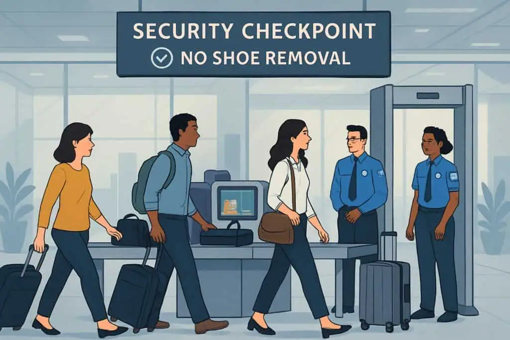 Passengers passing through an airport security checkpoint without removing their shoes while security officers monitor the screening process.