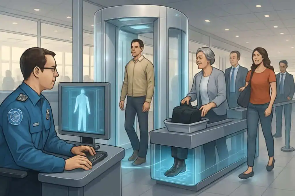 Airport security checkpoint with passengers walking through without removing their shoes, monitored by a TSA agent using advanced scanning technology.